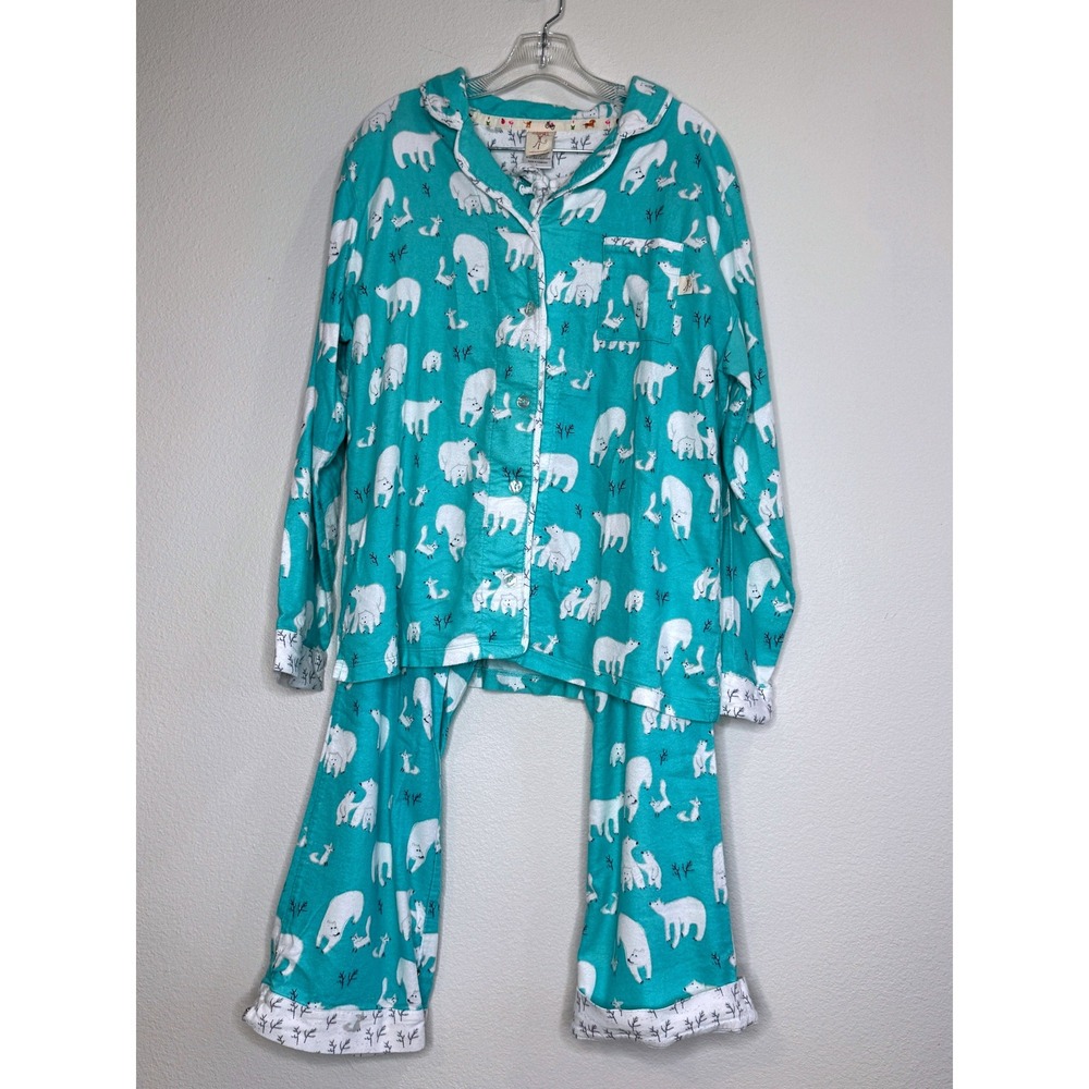 MUNKI MUNKI Polar Bear Flannel Pajama PJ Set Large Top LS & Pant Winter Holiday